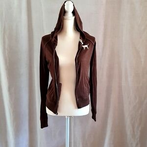 PINK brown hoodie sweatshirt, 2 front pockets, very soft, GUC, back design, zips